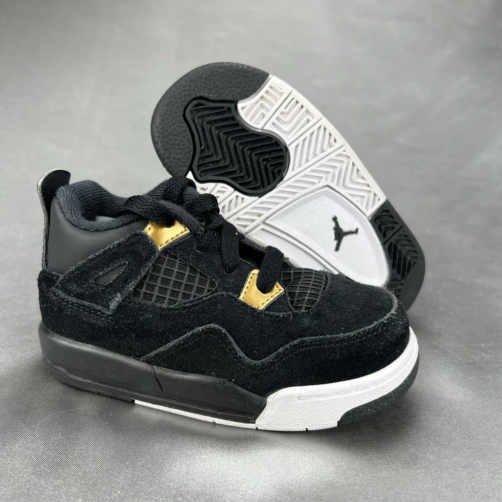 Nike Air Jordan 4 Retro Shoe 308500-032 Black White Gold Royalty Baby Toddler 7C